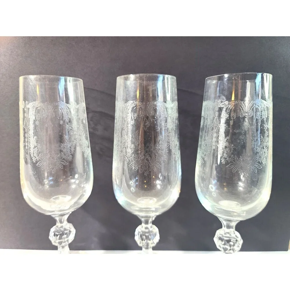 Set of 3 Vintage Etched Water Juice Cocktail Goblets Ball Stem Glasses